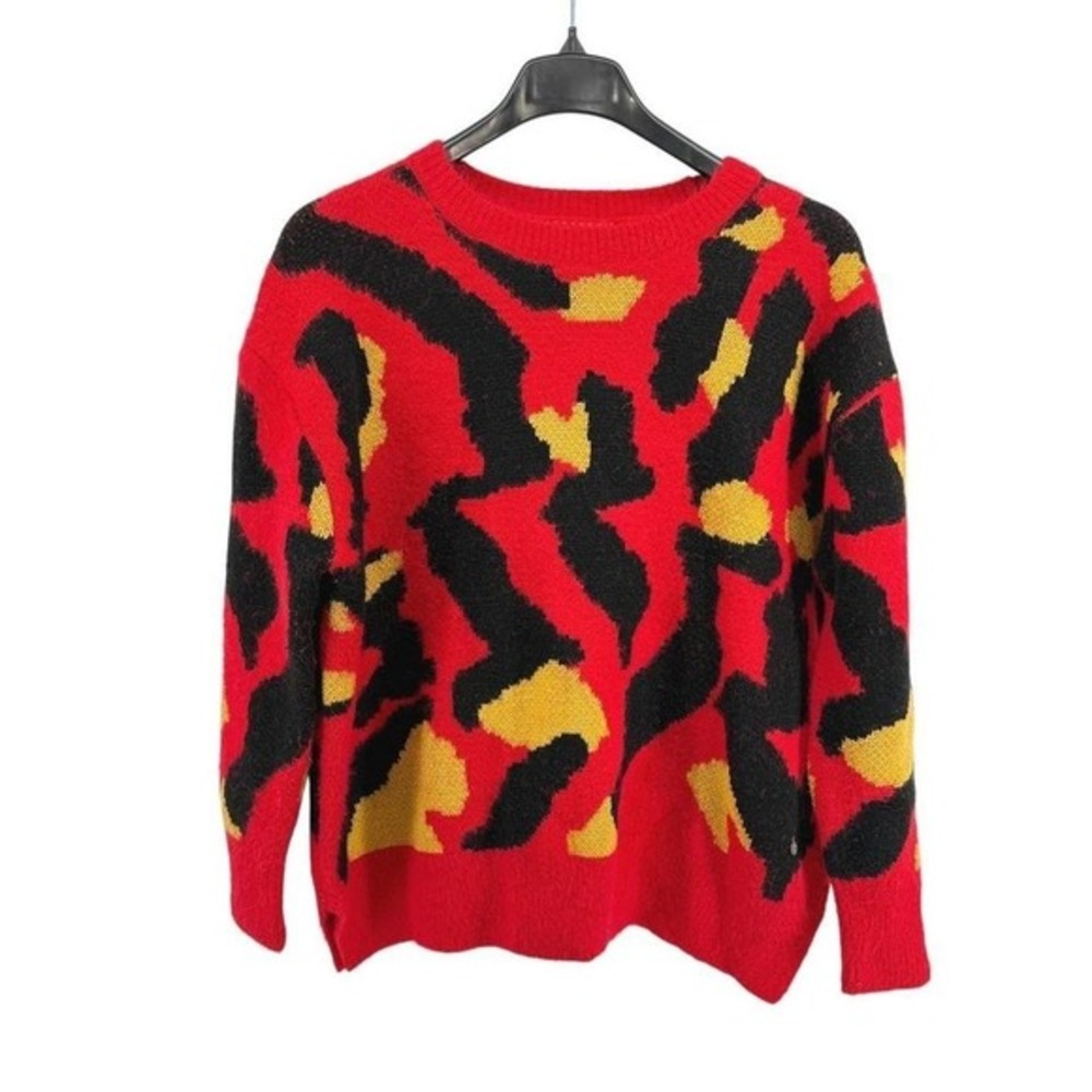 DENIMLAB Abstract Animal Print Womens Large Pre-Owned Fuzzy Knit Sweater Crew